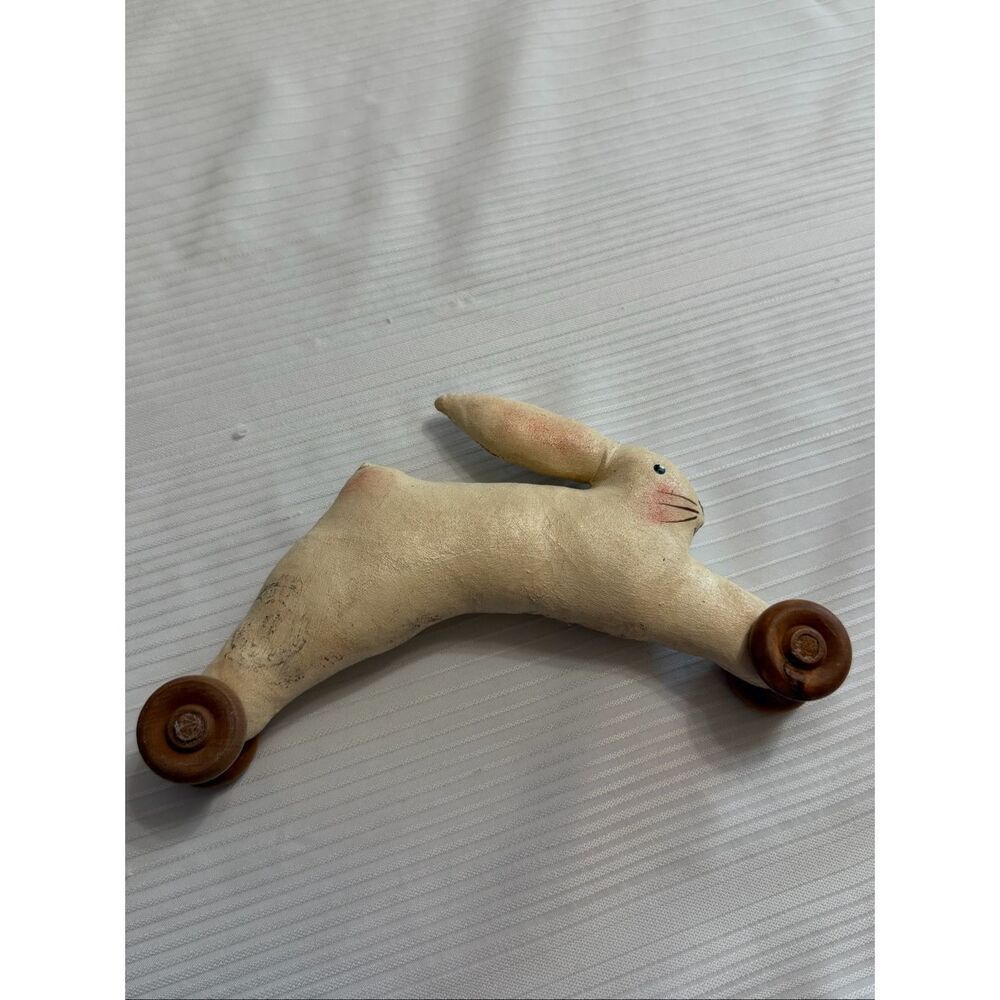 Handmade Folk Art Bunny Rabbit on Wooden Wheels Primitive Easter Decor